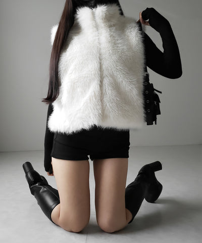 【 ポケット付 】スタンドネックジップアップフェイクファーベスト ／ stand neck zipup fake fur vest