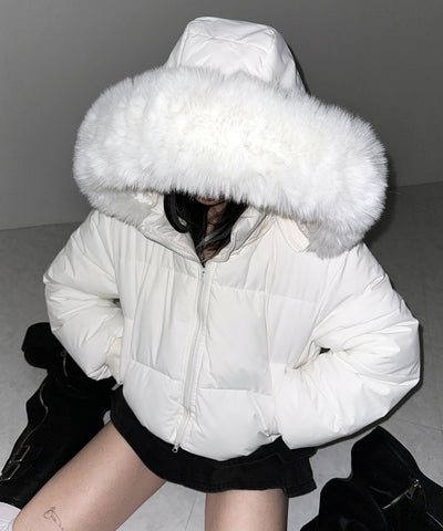 【 フード取り外し可能２ＷＡＹ 】フェイクファーフードショート中綿ジャケット ／ 2WAY fake fur hoodie short fake down jacket