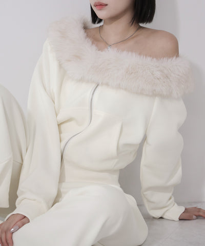 【 セットアップ 】ファーダブルジップワンショルスウェット＆タックワイドスウェットパンツ ／ Fur double-zip one-shoulder sweatshirt ＆ tuck wide sweatpants SETUP