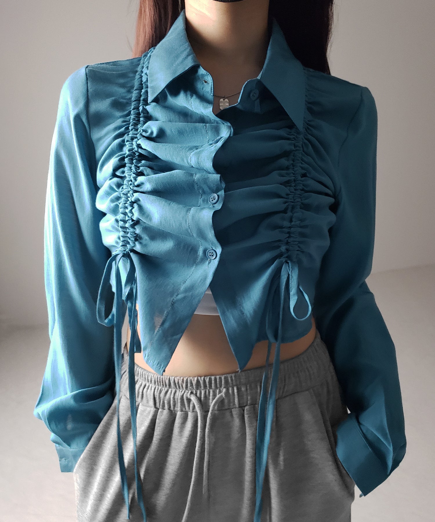 【 ３color 】ダブルリボンシャーリングショートシアーシャツ ／ double shirring ribbon short sheer shirts