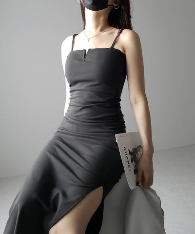 【 パッド付き 】バックストラップサイドシャーリングスリットロングキャミワンピース ／ back strap side shirring slit long cami onepiece
