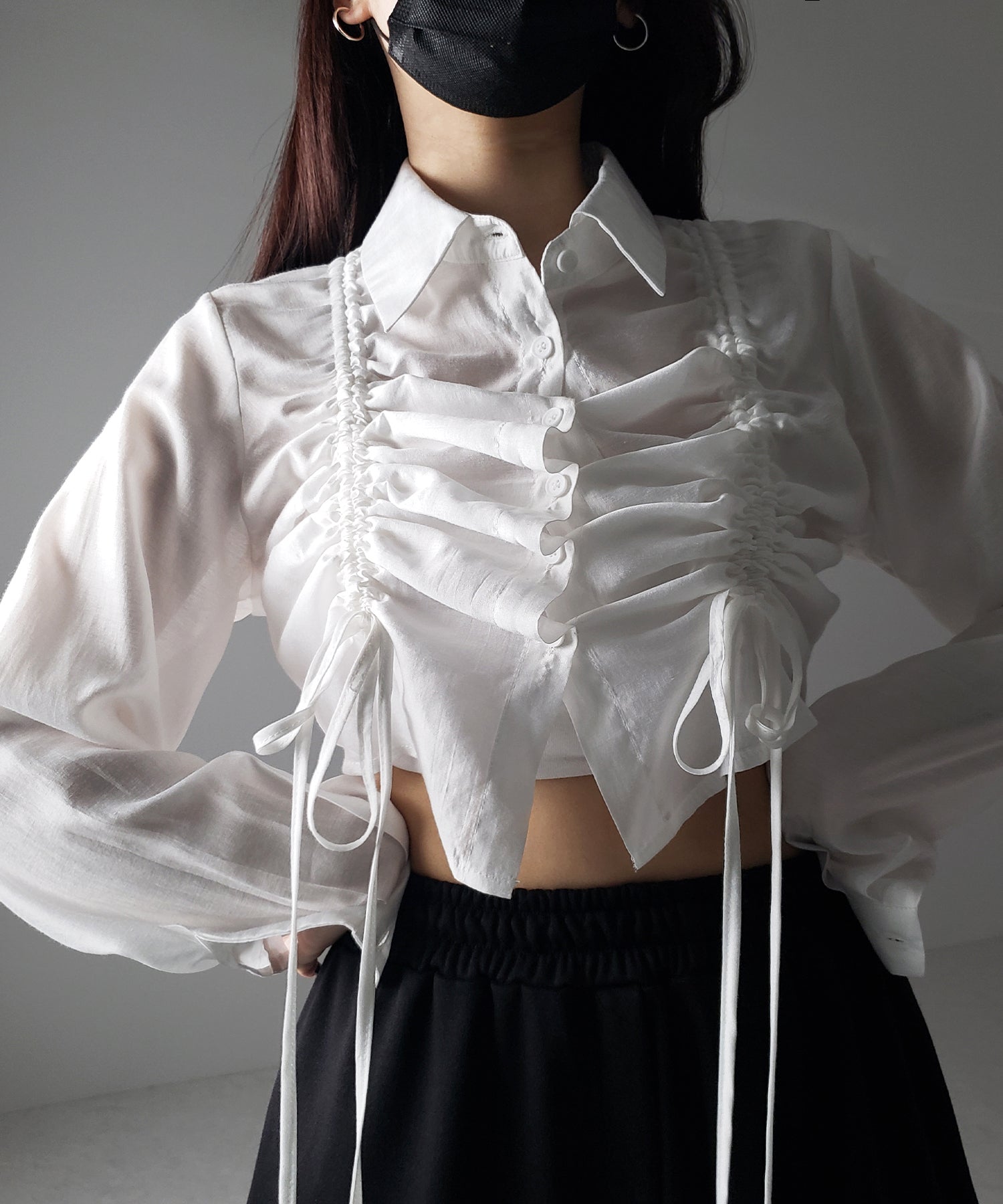 【 ３color 】ダブルリボンシャーリングショートシアーシャツ ／ double shirring ribbon short sheer shirts