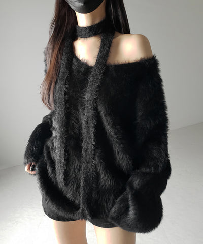 【 ２color 】チョーカータイ付きルーズシャギーニット ／ choker tie set loose shaggy knit