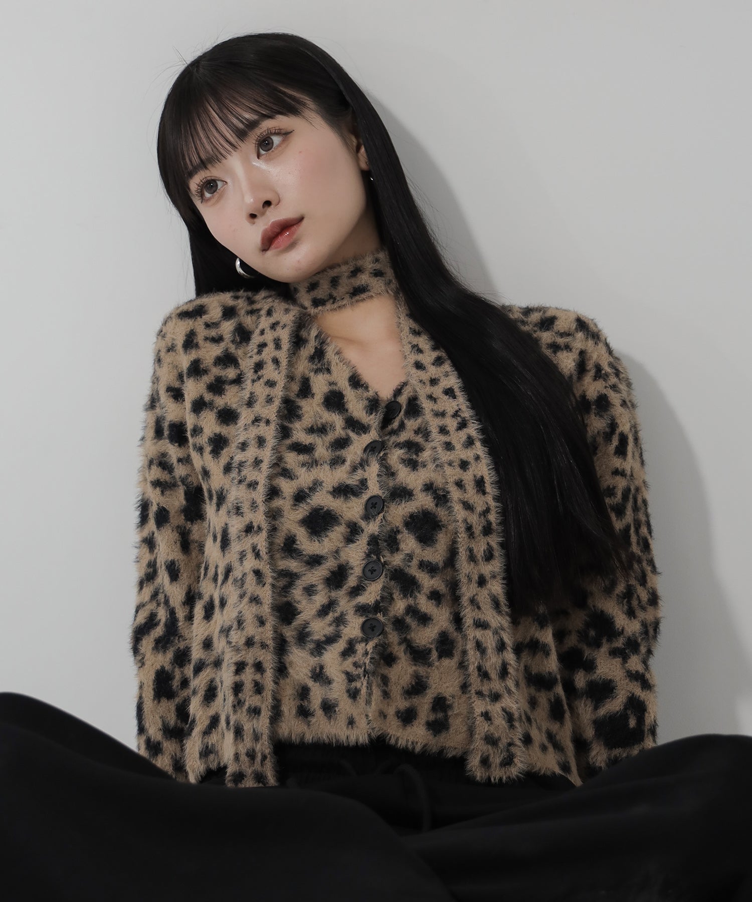 【 チョーカータイ付き 】レオパードシャギーニットカーディガン ／ choker tie set leopard shaggy knit cardigan