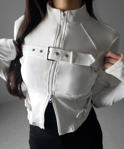 スタンドカラーベルテッドダブルジップスリムトップス ／ stand collar belted double zip slim tops