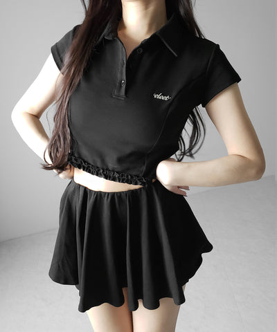 【 セットアップ 】ロゴプレート半袖トップス＋フレアミニスカパン SET ／( SETUP ) logo plate short sleeve tops + flared mini skirt pants