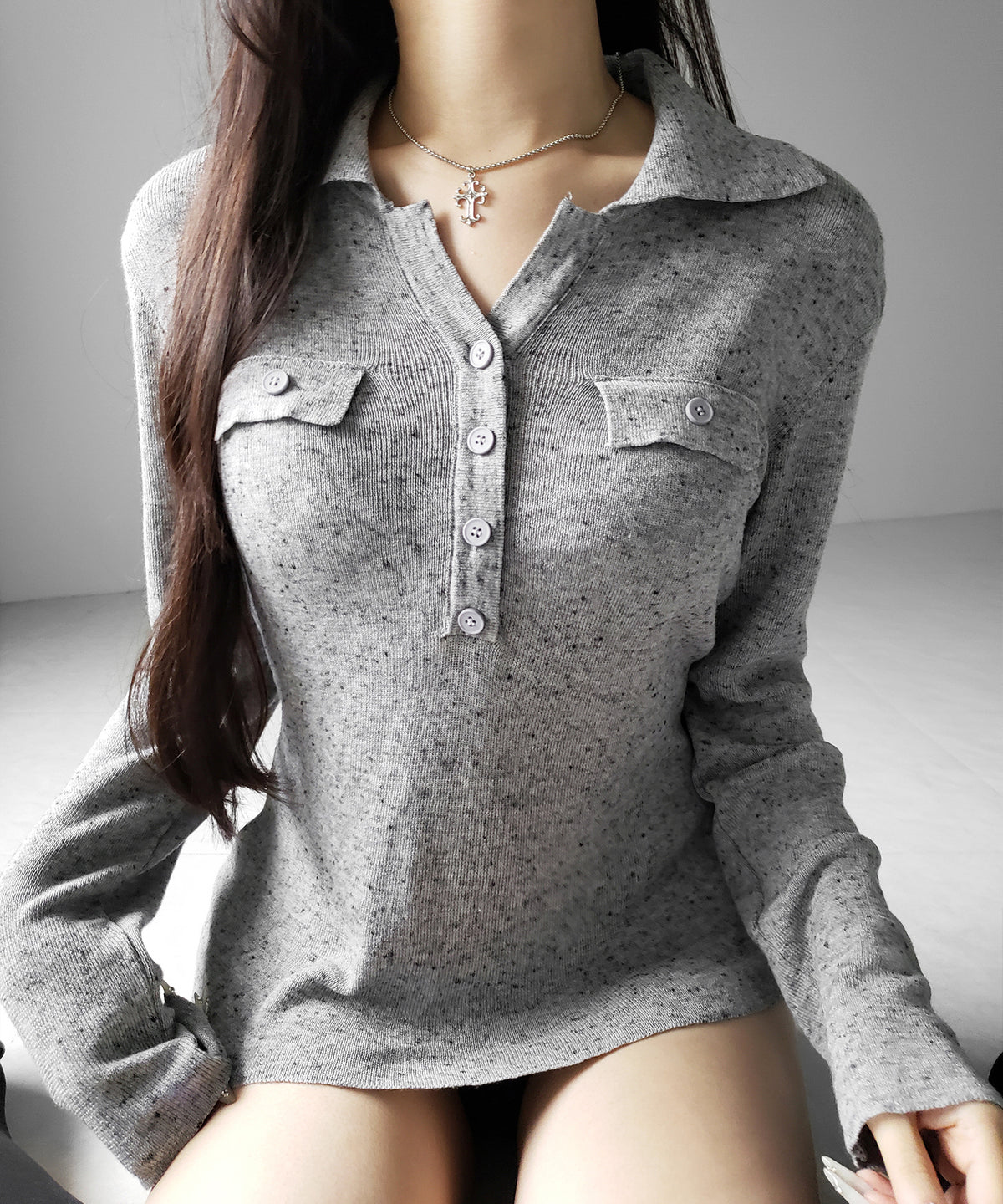 スキッパーボタン長袖ロングニットトップス ／ skipper button long sleeve long sheer knit tops