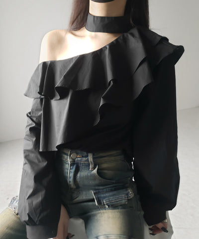 【 ２color 】チョーカーフリルワンショルダーブラウス ／ choker frill one shoulder blouse