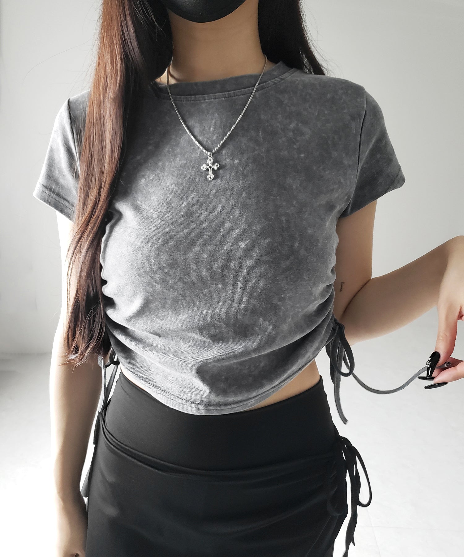 【 ２color 】サイドシャーリングリボンヴィンテージショートTシャツ ／ side shirring ribbon vintage short T-shirt