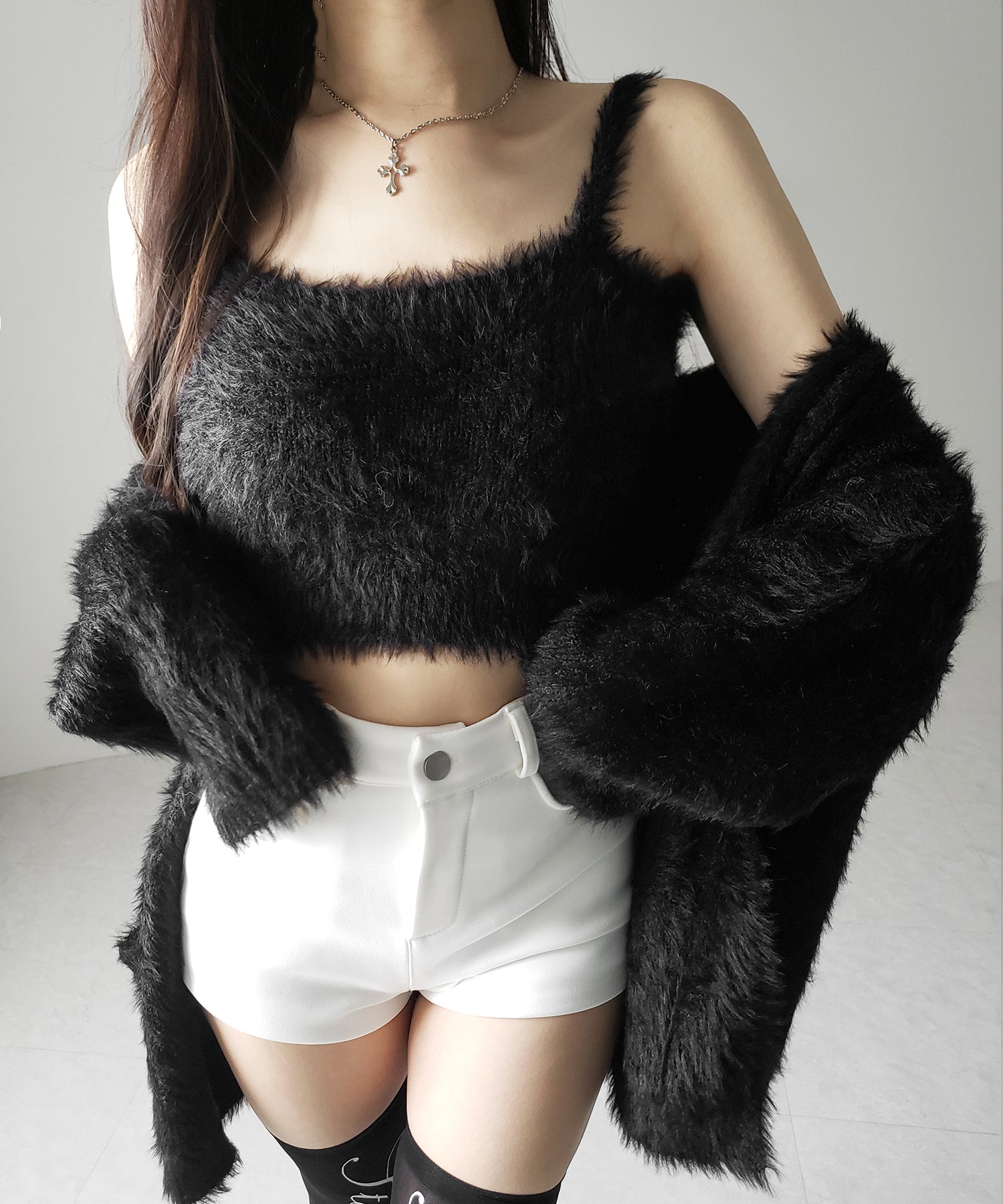 【 ２点セット 】シャギーニットショートキャミソール ＋ オーバーカーディガンセット ／ shaggy knit short camisole + over cardigan SET