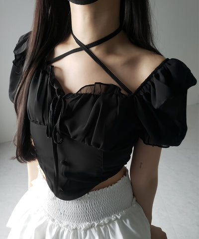 【 ２color ／ ２WAY 】フロントリボンクロスネック半袖シフォンブラウス ／ front ribbon cross neck short sleeve chiffon blouse
