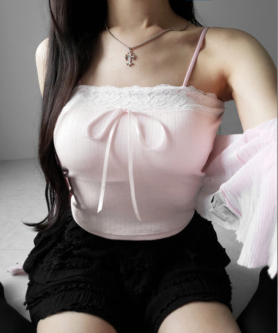 フロントリボンレースショートキャミソール ／ front ribbon lace short camisole