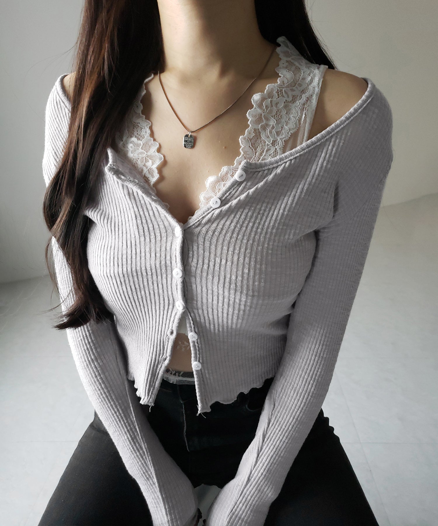 【 ２点セット 】レイヤードレースシアーリブカットソーカーディガン ／ layered lace sheer rib cut and sew cardigan
