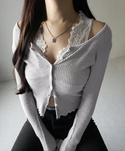 【 ２点セット 】レイヤードレースシアーリブカットソーカーディガン ／ layered lace sheer rib cut and sew cardigan