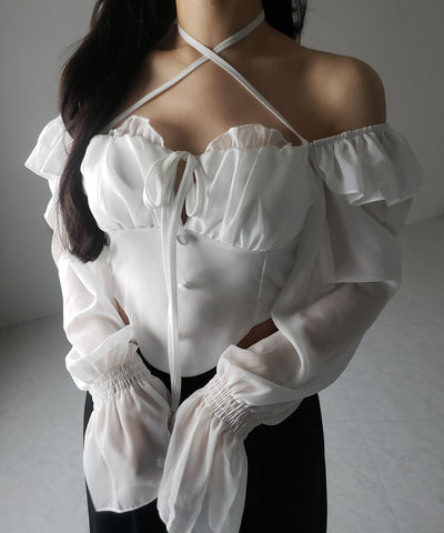 【 ２color ／ ２WAY 】フロントリボンクロスネックオフショルシフォンブラウス ／ front ribbon cross neck off-shoulder chiffon blouse