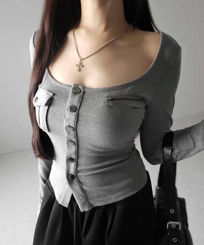 アウトポケットスクエアネック長袖スリムTシャツ ／Out pocket square neck long sleeve slim T-shirt