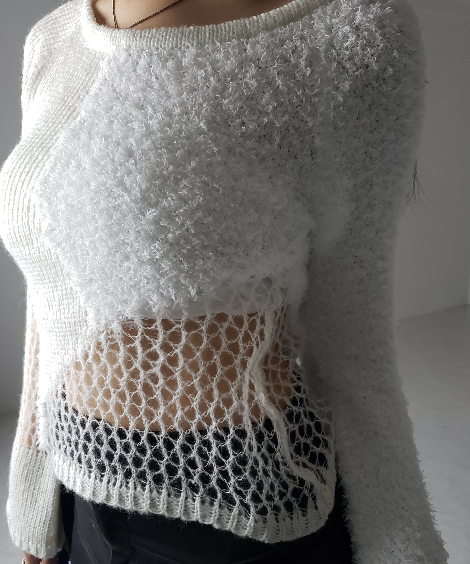 【 ２color 】異素材ドッキングスカシアミニットトップス ／ mixed material docking openwork knit tops