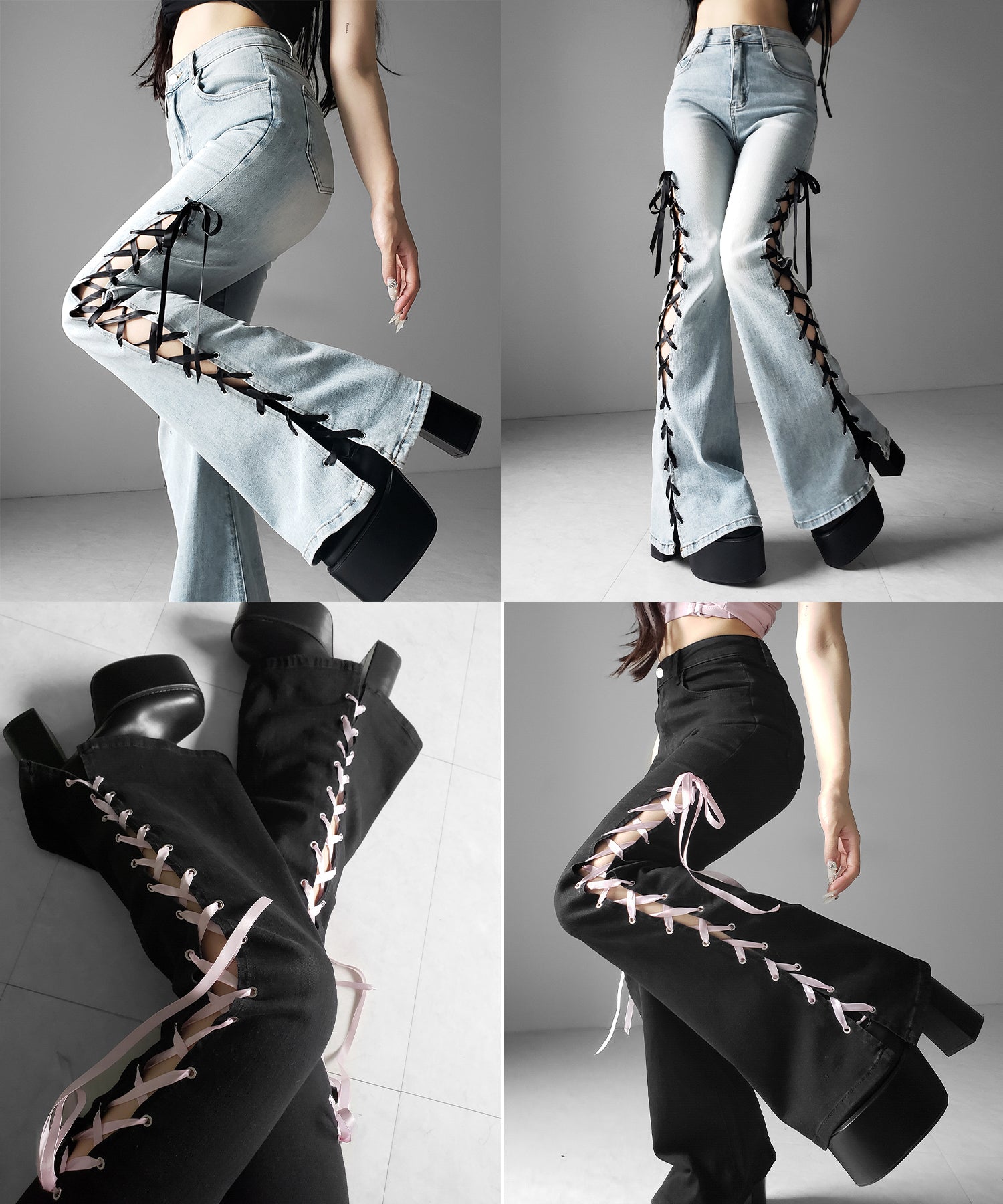 サテンリボンレースアップカットアウトストレッチフレアデニム ／ satin ribbon laceup cutout stretch flare denim
