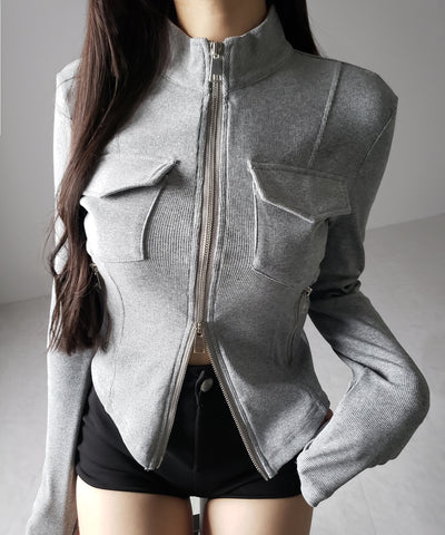 アウトポケットダブルジップスリムリブトップス ／ out pocket double zip slim ribbed tops