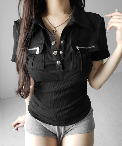 アウトポケットポロネックリブカットソートップス ／ out pocket polo neck rib cutsew tops