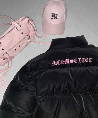【 新色ピンクが追加！ 】グランジロゴ刺繍ショートパフ中綿ジャケット ／ grunge logo embroidery short puff fake down jacket