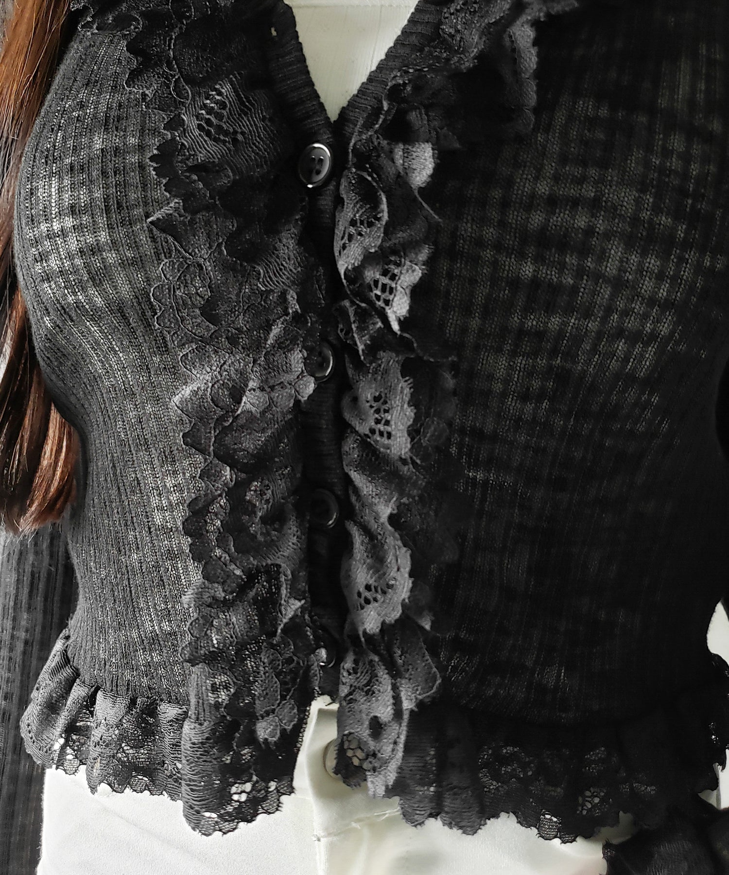 レースフリルシアーニットカーディガン ／ lace frill sheer knit cardigan