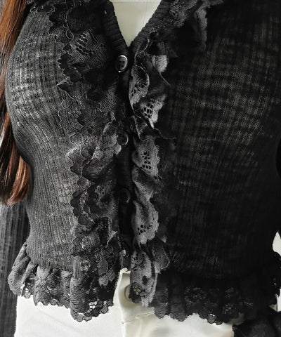 レースフリルシアーニットカーディガン ／ lace frill sheer knit cardigan