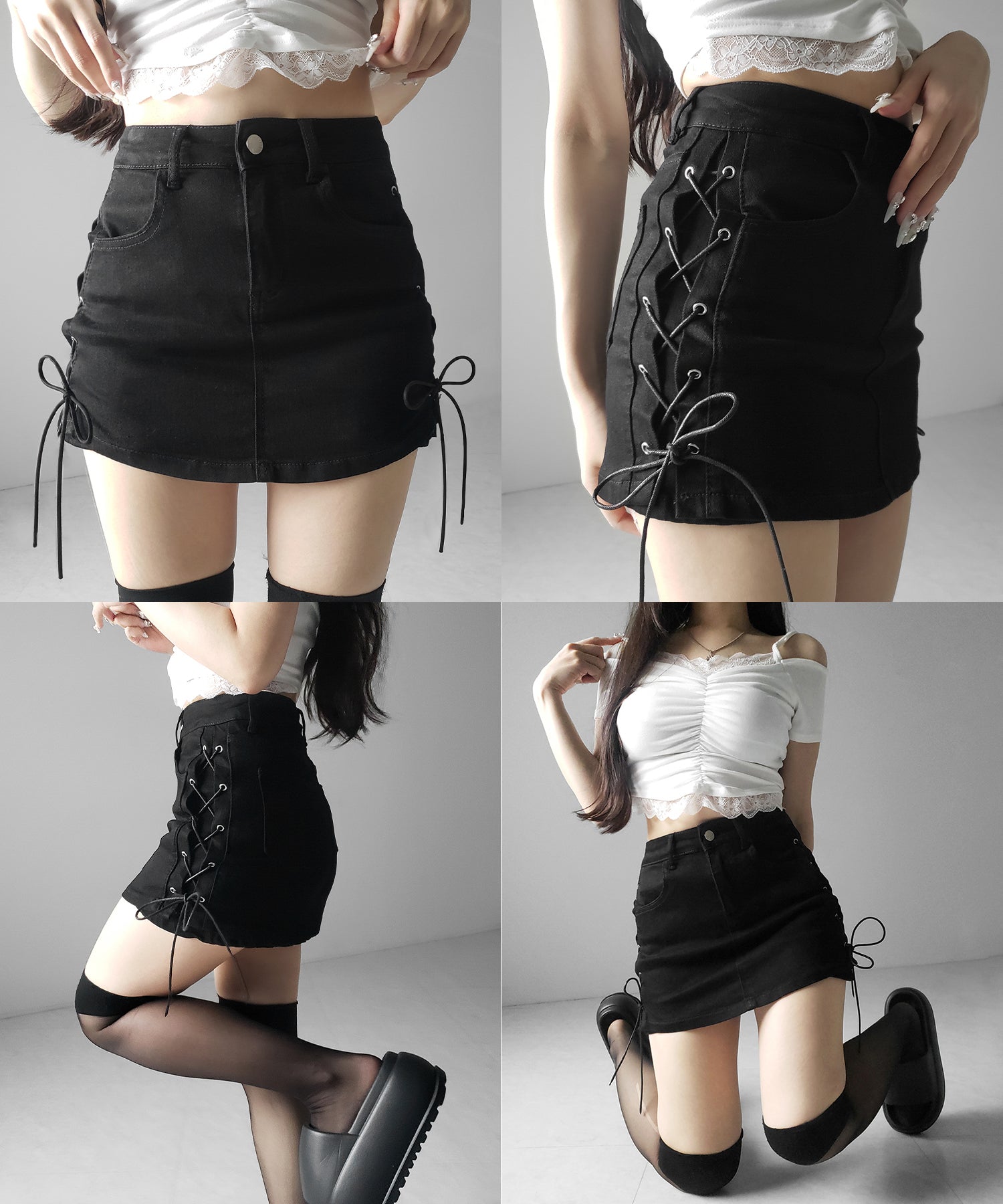 レースアップストレッチデニムミニスカパン ／ lace up stretch denim mini skirt pants