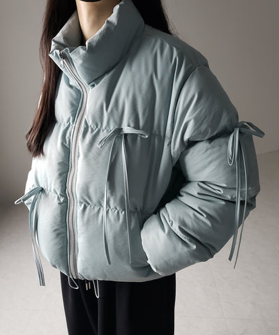 【 選べる３色展開 ／ 裾絞り可能２WAY 】ストラップリボンショートパフダウンジャケット ／ strap ribbon short puff down jacket
