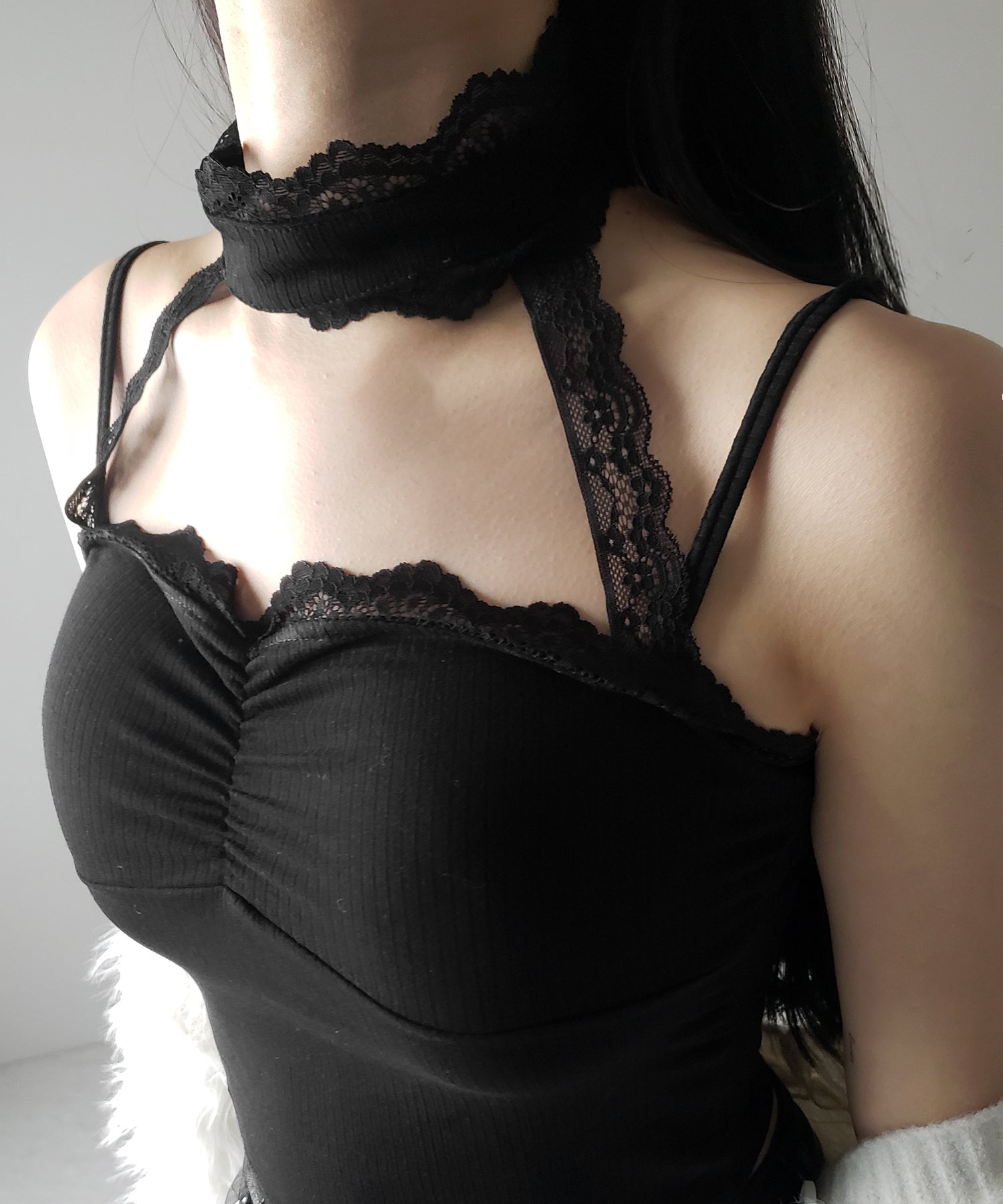 【 ２color ／ カップ付 】レースチョーカーストラップリブキャミソール ／ lace choker strap lib camisole