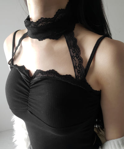 【 ２color ／ カップ付 】レースチョーカーストラップリブキャミソール ／ lace choker strap lib camisole