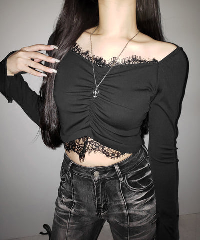 【 ２color 】レースドッキングシャーリングショートカットソートップス ／ lace docking shirring short cutsew tops