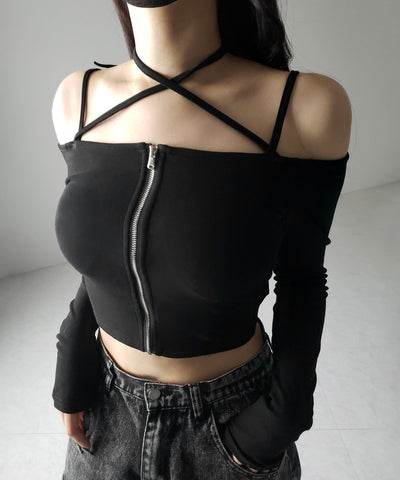 【 ３color ／ カップ付 】フロントジップクロスストラップオフショルトップス ／ front zip cross straps off-shoulder tops