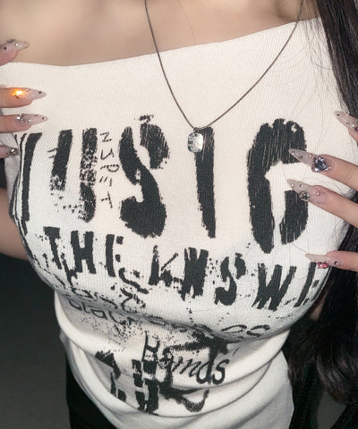 グランジロゴプリント半袖スリムニットトップス ／ grunge logo print shortsleeve slim knit tops