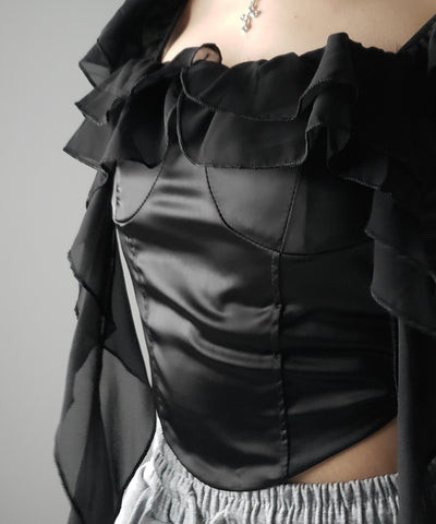 【 ２color ／ ２WAY 】シアーフリルコルセットサテンショートブラウス ／ sheer frill corset satin short blouse