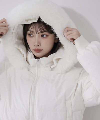 【 フード取り外し可能２ＷＡＹ 】フェイクファーフードショート中綿ジャケット ／ 2WAY fake fur hoodie short fake down jacket