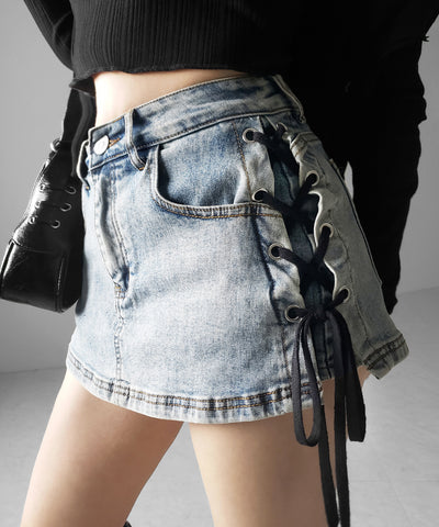 【 インパン裏地付き 】レースアップマイクロデニムミニスカパン ／ Lace-up micro denim mini skirt pants