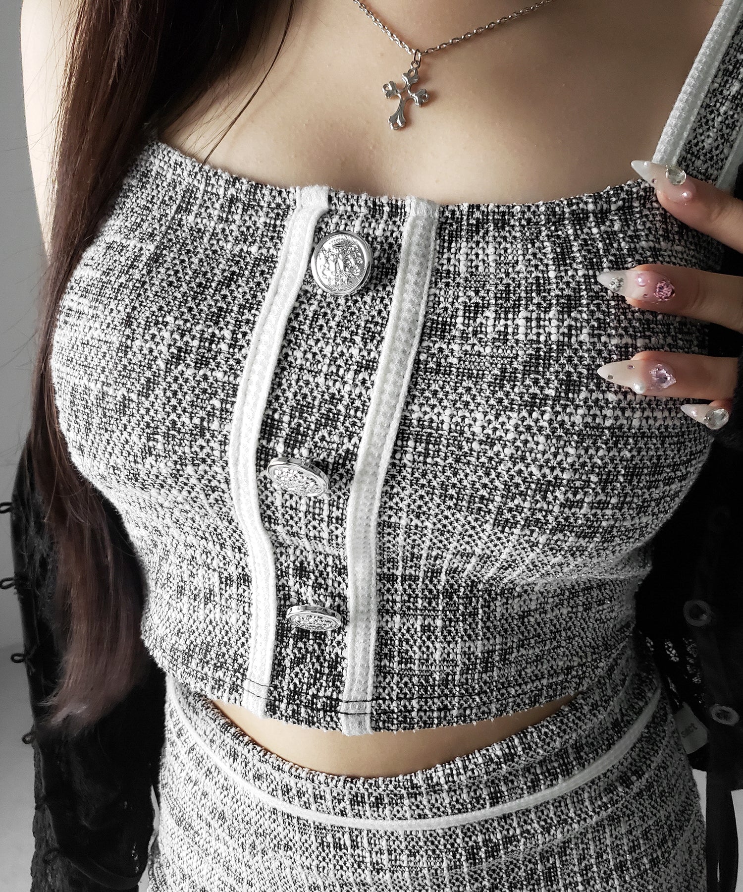 【 セットアップ】ツイードボタンショートビスチェ ＋ ミニスカート ＳＥＴ ／ 【 SETUP 】tweed button short buister ＋ mini skirt SET
