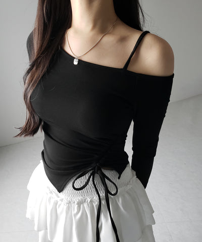 【 裏起毛 ／ カップ付 】サイドシャーリングリボンワンショルトップス ／ side shirring ribbon one shoulder tops