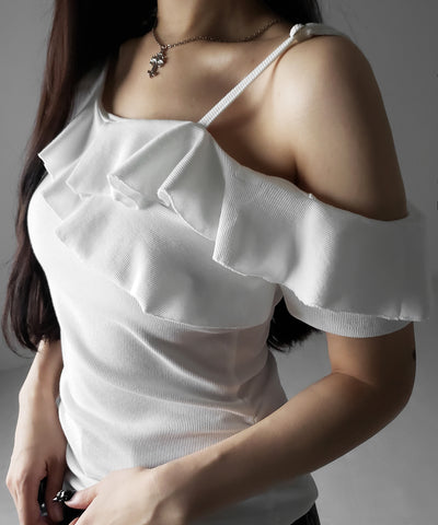 【 ３color 】ワンショルストラップフリルリブTシャツ ／ one shoulder strap frill ribbed T-shirt