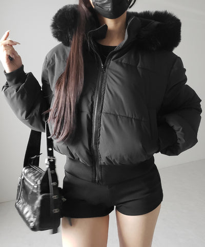 【 フード取り外し可能２ＷＡＹ 】フェイクファーフードショートダウンジャケット ／ 2WAY fake fur hoodie short down jacket