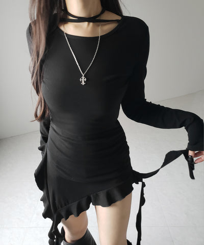 【 ３color 】クロスチョーカーアシンメトリーラッフルフリルトップス ／ cross choker asymmetry ruffle frill tops