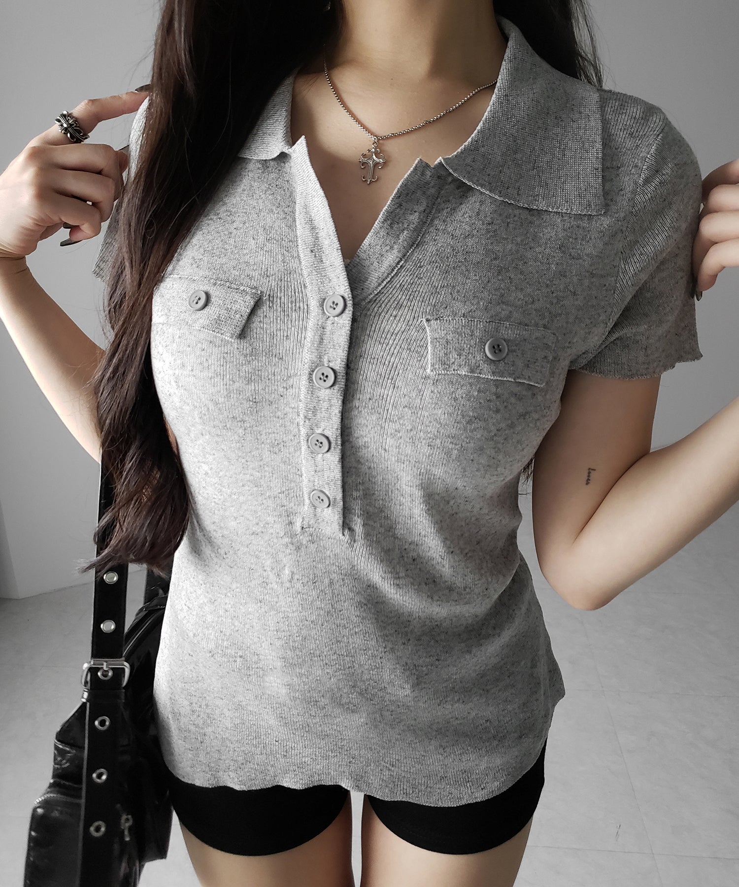 スキッパーボタンロングシアーニットトップス ／ skipper button long sheer knit tops