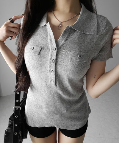 スキッパーボタンロングシアーニットトップス ／ skipper button long sheer knit tops