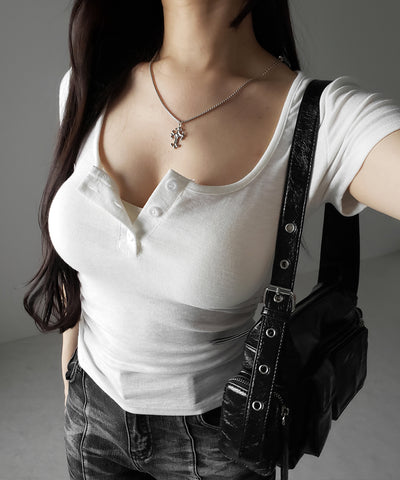 ヘンリーネックスクエアギャザー半袖Ｔシャツ ／henley neck square gather short sleeve T-Shirt