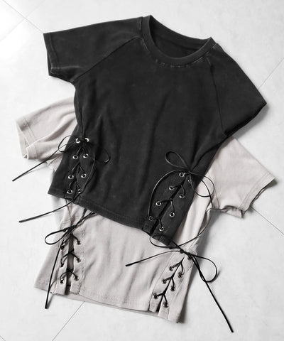 ヴィンテージサイドレースアップカットアウト半袖ショートTシャツ ／ vintage side lace up cutout short short sleeve T-shirts