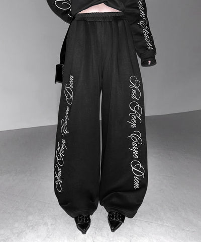 レタリングロゴ刺繍ワイドスウェットパンツ ／ lettering logo embroidery wide sweatpants