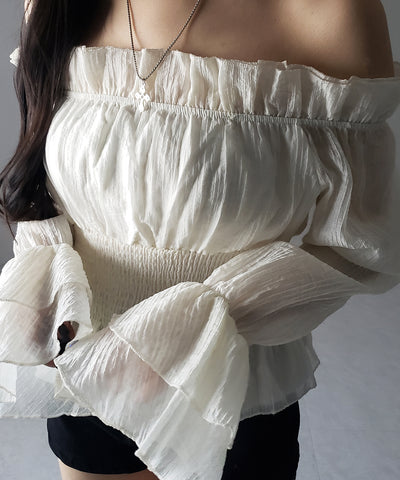 【 ２color ／ ２WAY 】ウエストシャーリングシアーフリルオフショルブラウス ／ waist shirring sheer frill off shoulder blouse