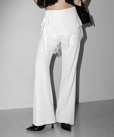 【３size 】レースレイヤードサイドリボンラップフレアスラックス ／ lace layered side ribbon wrap flare slacks