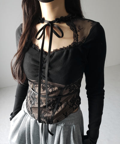 【 ２color 】チョーカーネックリボンレーシーカットソートップス ／ choker neck ribbon lacy cutsaw tops